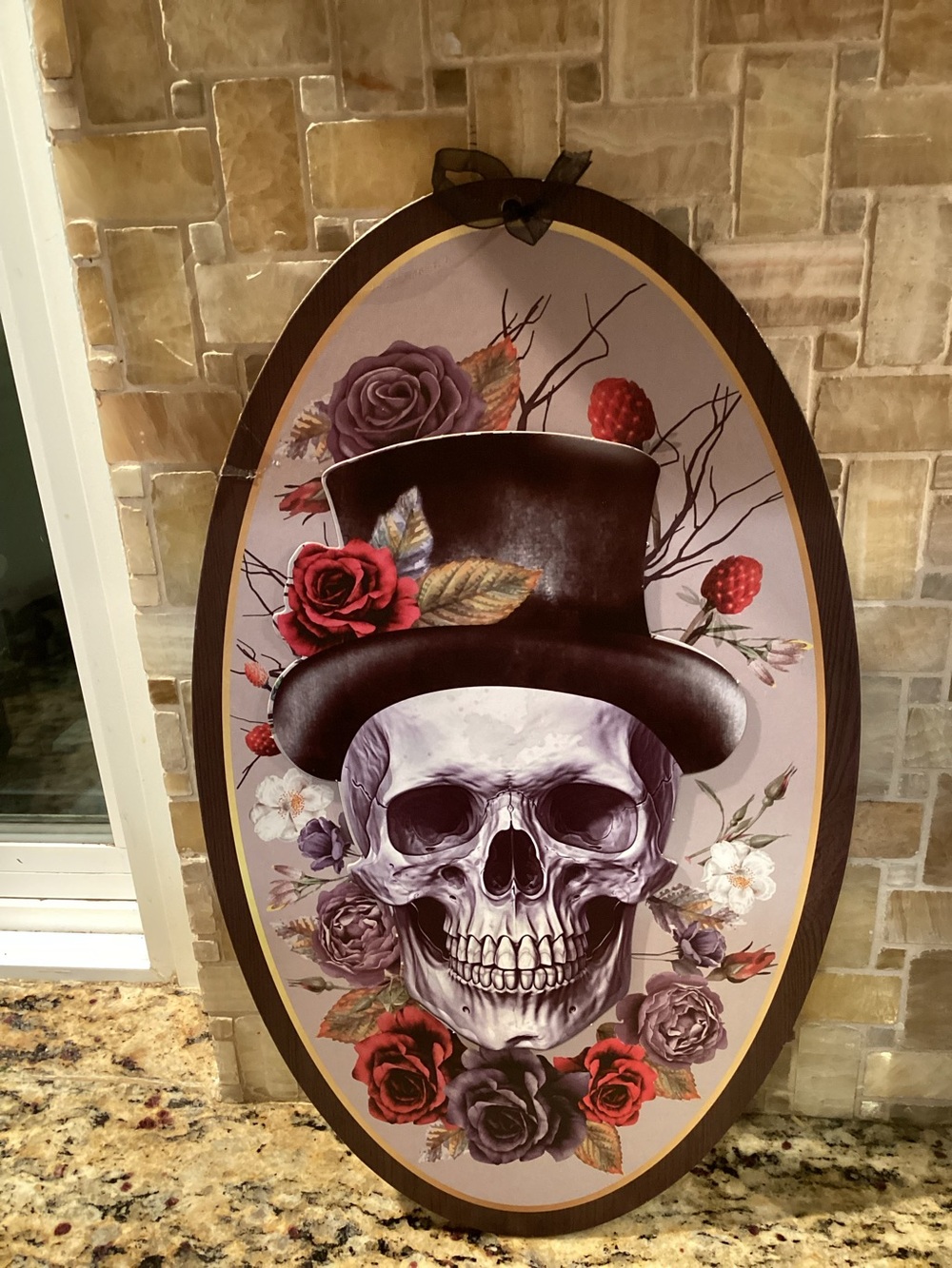 Floral Skull Wall Plaque with Top Hat - Purple & Red